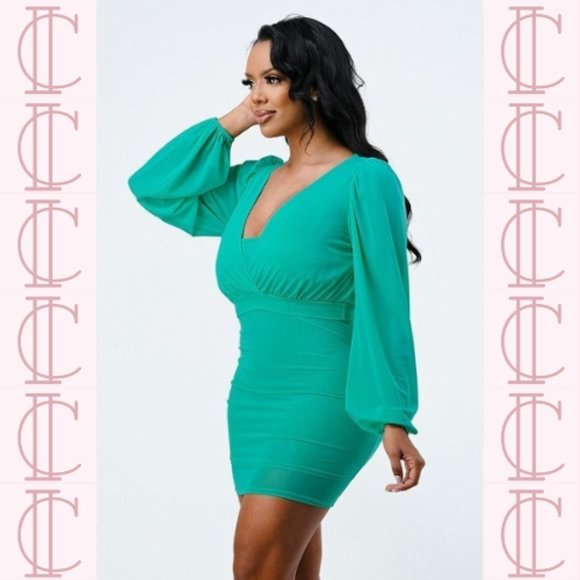 Lux Mesh Layered Lining V Neck Bubble Slv Bodycon Dress (Mint Green) - Picture 2 of 2